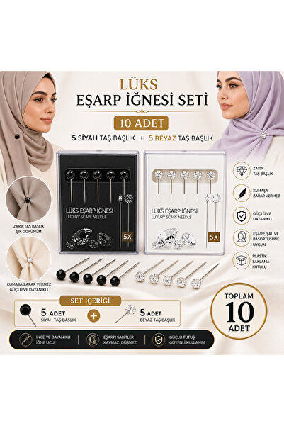 beneficio 10 Adet Lüks Eşarp İğnesi Seti Siyah ve Beyaz Taş Başlıklı Şal İğne...