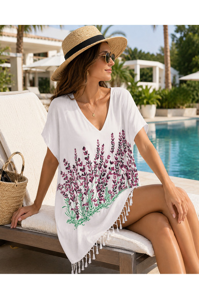 CESSTORE V Yaka Viskon Plaj Elbisesi, Mayo Bikini Üstü, Standart Beden Pareo