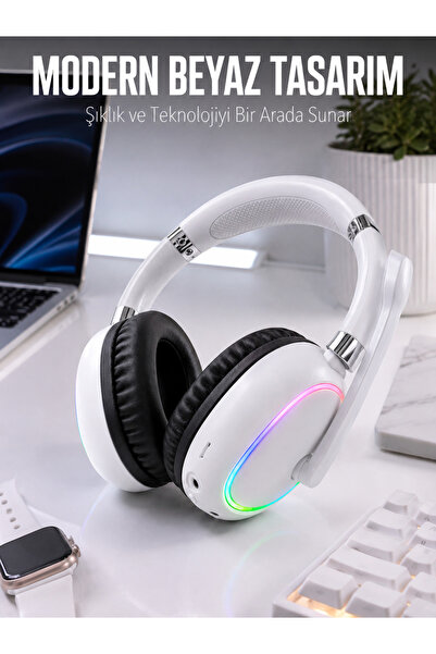 Lisinya Kablosuz Bluetooth Mikrofonlu Beyaz Kulaklık RGB Işıklı -