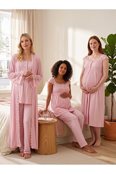 Lohussa New Season Pink Special Lace Detailed Strappy 100% Cotton Breastfeedi...