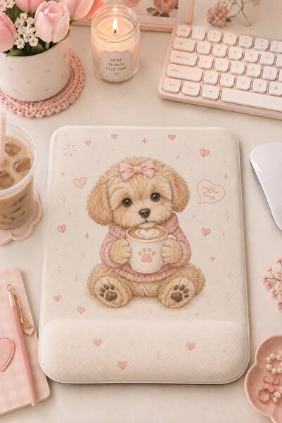 matizya Sevimli Köpek Desenli Bilek Destekli Mousepad – Kahve Temalı Girly Er...