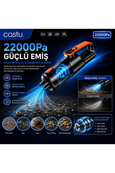 CASTU CS76 Plus Max 22000Pa Şarjlı Kablosuz El Süpürgesi Araç ve Ev İçin 5 Ba...