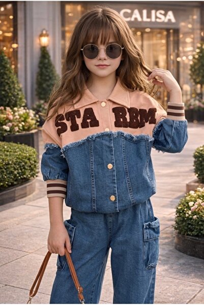 CALİSA Girl's Premium Denim Cargo Pocket Double Set |   Oversize Jeans Set