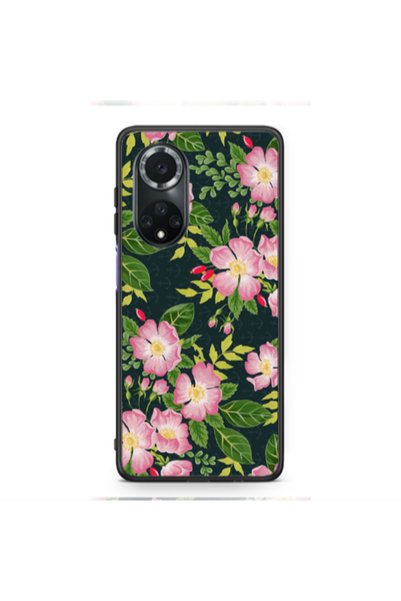 Other Huawei Nova 9 Pink flowers green laves Black Glossy Θήκη