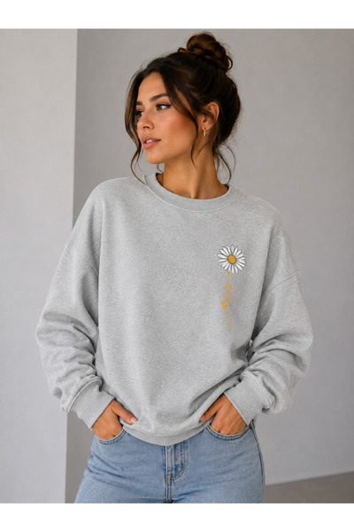 caddekombin Women's Aesthetic Vertical Floral Printed Crew Neck Sweatshirt