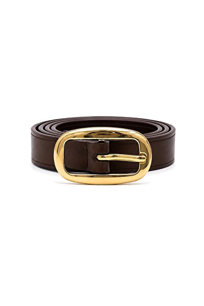 SHAKA Brown Shk3017 Women's Thin Oval Gold Buckle Faux Leather Waist Belt