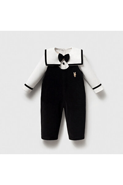 Momercy Baby Boy Velvet Jumpsuit with Bow Tie and Collar Detail Bodysuit