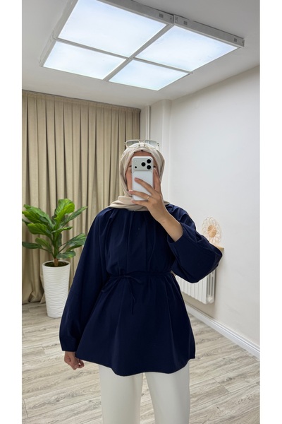 tuğbaprive Kadın Ekru Poplin Bağcıklı Balon Kollu Tunik Bluz Günlük Şık Oversize