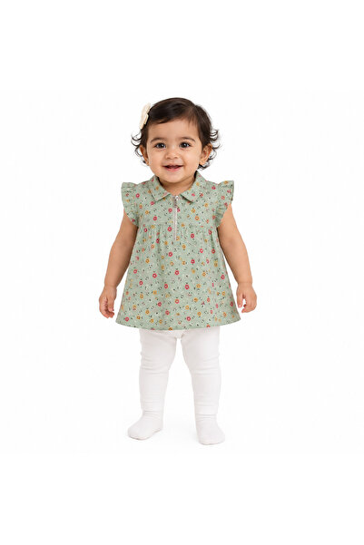Generic Girl's Floral Patterned Blouse, Mint Color, Flounce Sleeves and Zipper