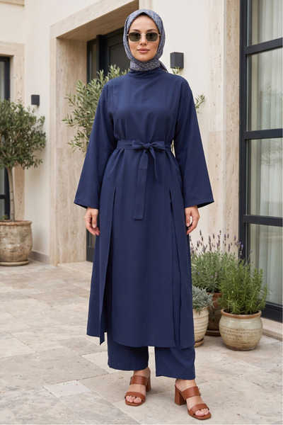 FERHEL Costum hijab din modal pentru femei, cu tunică cu șliț și pantaloni cu...