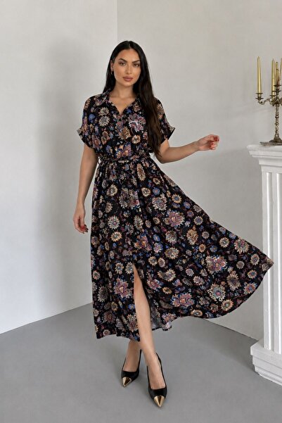 msm fashion Γυναικείο φόρεμα με μακρύ σχέδιο, κοντό μανίκι, γιακά πουκάμισου ...