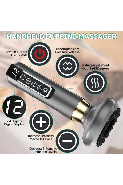 Velixo Aparat profesional de masaj cu vacuum, 12 nivele, căldură, infraroșu, Gua Sha, afișaj digital, anticelulitic, USB, gri