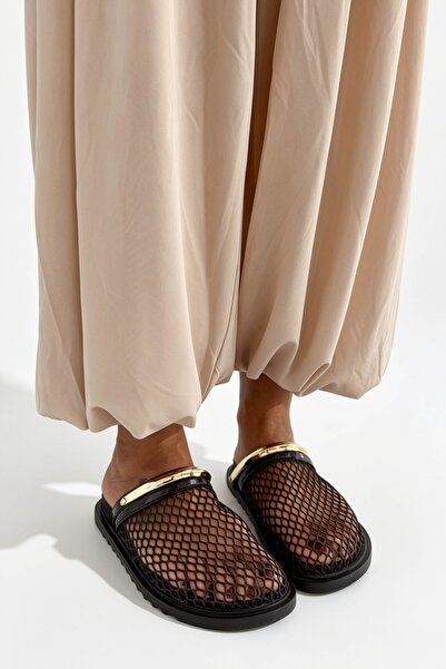 Shoebutik Esencia Black Gold Buckle Detail Mesh Women's Slippers