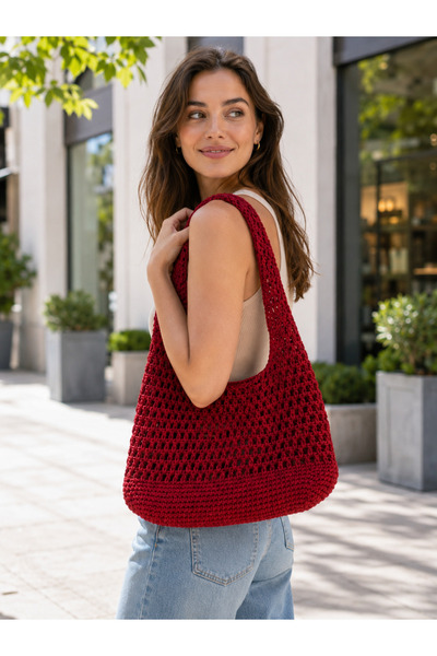 lunera Red Glittery Macrame Knitted Shoulder Bag – Handmade Summer Casual Bag