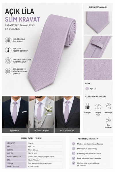 BYMEN ERKEK GİYİM Açık Lila Desenli Slim Kravat – Klasik ve Şık Tasarım