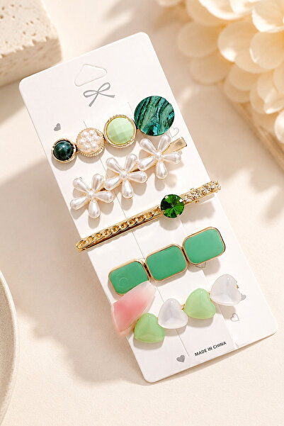 TREND COLLECTİON Green Women's Hair Clip Set with Pearl Flower and Heart Figures