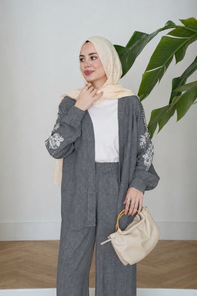 Moda Neval Kadın Nakış Ve İnci İşlemeli Keten Kimono Takım