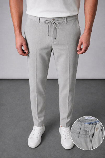 Gussi Men's Gray Striped Relaxed Fit Elastic Waist Lace-Up Jogger Fabric Trou...