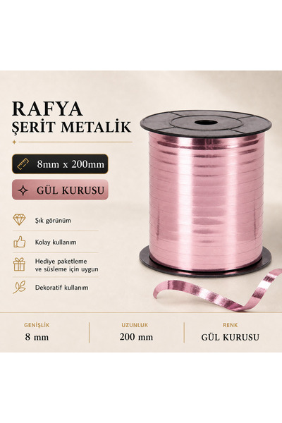san Metalik Rafya Şerit Balon ve Hediye Bağlama İpi 8mm x 200 Metre (Gül Kurusu)