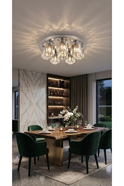 demet habek mylights Modern Kristal Şık Salon Avizesi 50 cm Krom Kaplama Meta...