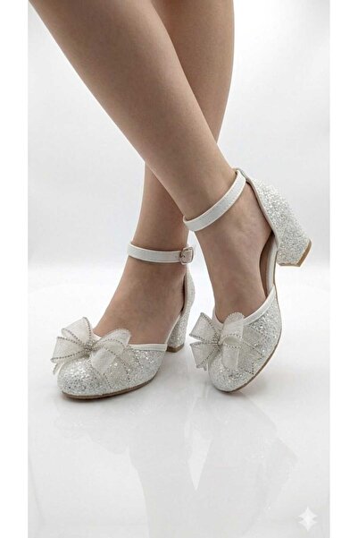 pediashoes Girls' White Colorful Shiny Bow Decorated Comfortable Square-Heele...