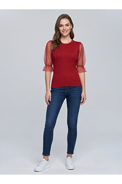 gökçesu Women's Blouse with Tulle Sleeve Detail in Twill Fabric – Elegant and...