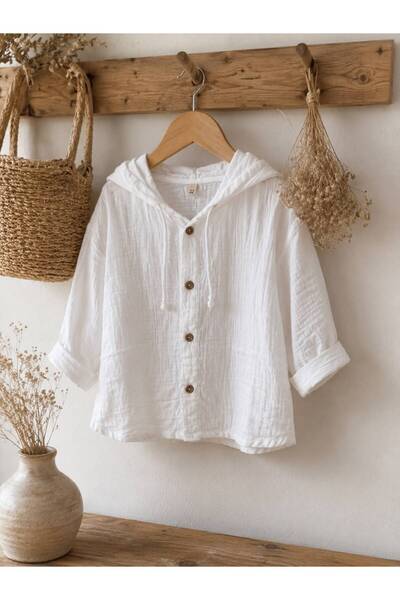 Heianmono Kids Long Sleeve Hooded Baby & Kids Organic Muslin White Shirt