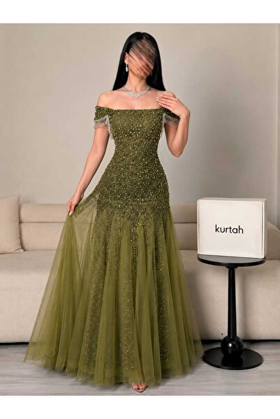 Kurtah Luxury Crystal Embellished Off Shoulder Maxi Evening Dress