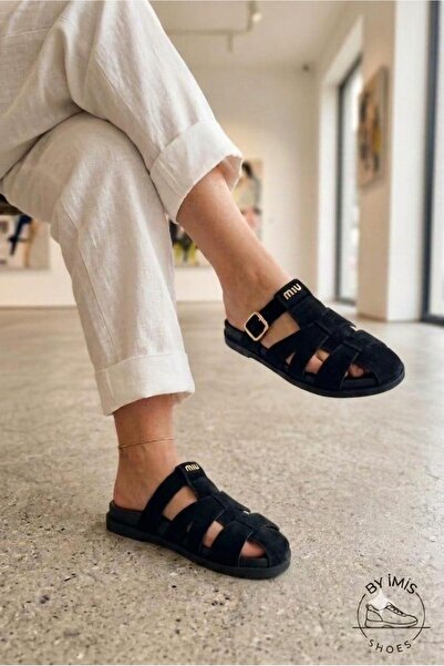 BY İMİS SHOES Black Polyurethane Flexible Sole Gladiator Closed Front Slippers