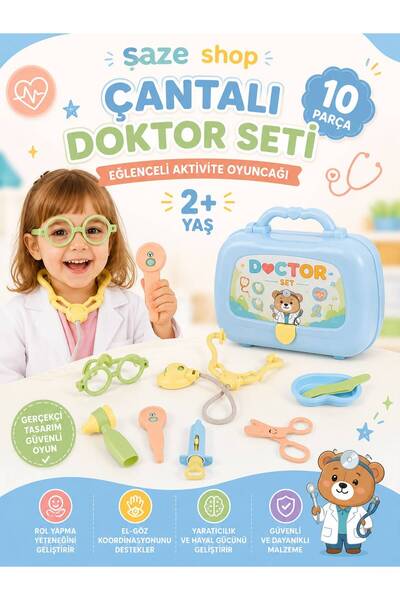 SAZE Büyük Boy Çantalı Doktor Seti 10 Parça 2+ Yaş Eğitici Aktivite ve Rol Ya...
