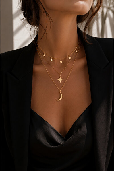 Adata Jewelry Çelik 3lü Yıldız Hilal Kadın Kombin Kolye Gold Renk