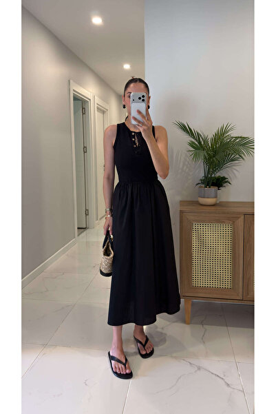 BİRCANÇİL Vina Black Buttoned Sleeveless Dress