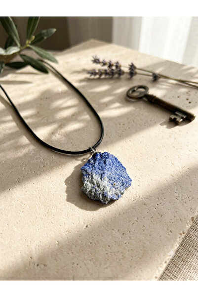Meneva Aksesuar Raw Cut Lapis Lazuli Natural Stone Leather Cord Necklace