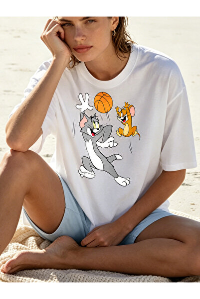 Fleck Womens T Shirts Tom And Jerry Basketball Cartoon Print Casual Loose Fit...