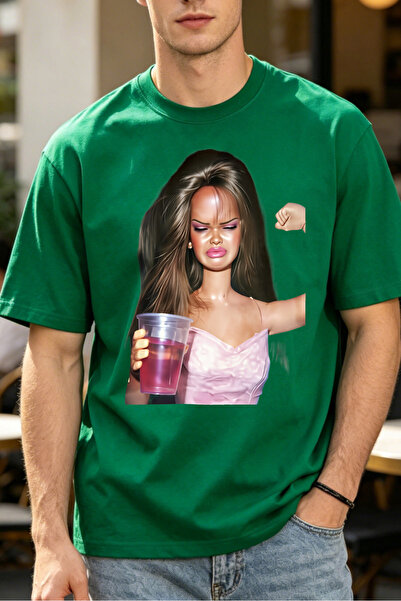 Fleck Casual Style T Shirts For Men With Woman Holding Pink Drink And Flexing...