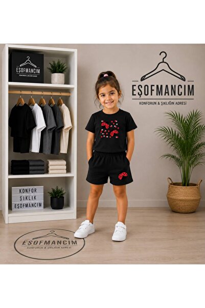 Eşofmancım Girl's Summer Shorts and T-Shirt Set with Ladybug Print