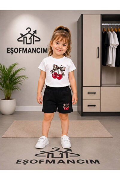 Eşofmancım Girl's Summer Shorts T-Shirt Cherry Print Set