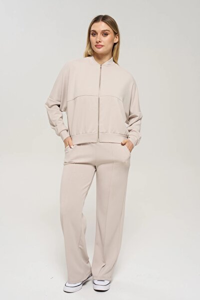 Veni Life Women's Off-Shoulder Bomber Collar Track Top and Pocketed Pants Bot...