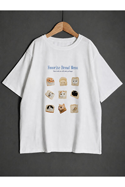ZİYMO Unisex Cat and Bread Printed Oversize T-Shirt