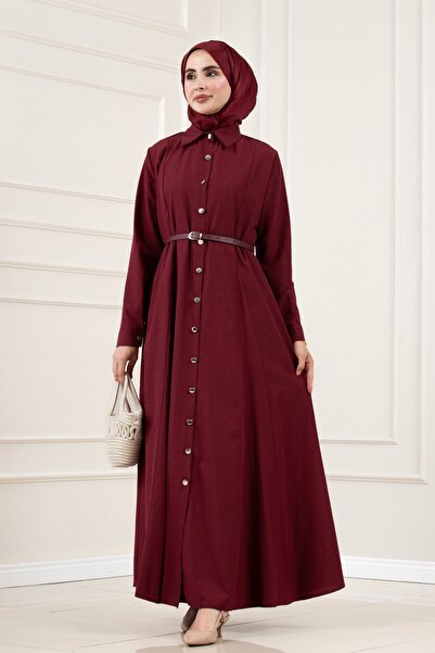 Sevitli Shirt Collar Belted Berra Dress-Bordo
