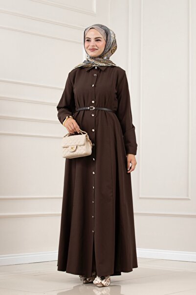Sevitli Shirt Collar Belted Berra Dress-Brown