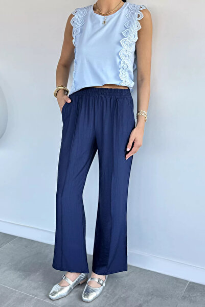 Aryena Navy Blue Green Wide Leg Trousers
