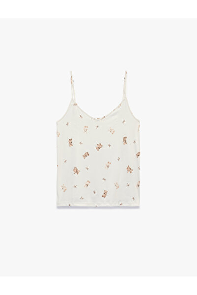 Koton Teddy Bear Printed Lace Detailed V-Neck Strappy Pajama Top