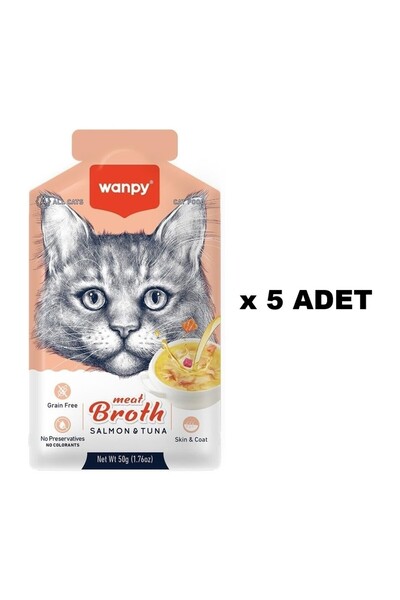 Wanpy Somon & Ton Balığı Eti Çorbası 50 gr x 5 Adet Kediler İçin Lezzetli Yaş...