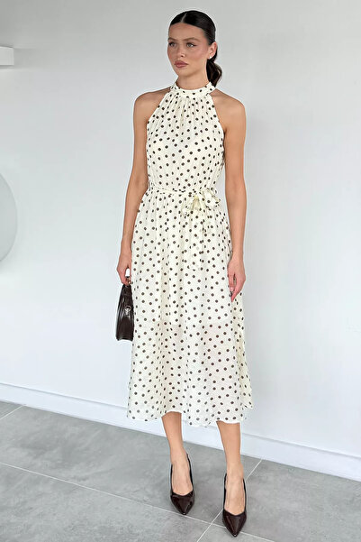Aryena Ecru Gülseli Women's Lined and Slit Polka Dot Patterned Dress