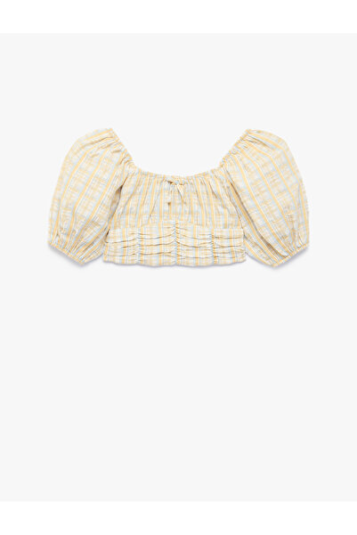 Koton Cotton Gipeli Square Collar Plaid Balloon Sleeve Crop Blouse
