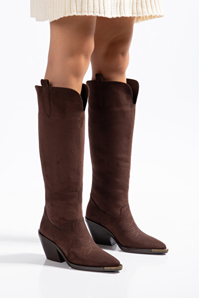 DENORA Brown Matte Suede Metal Toe Flat Below-The-Knee Western Cowboy Boots