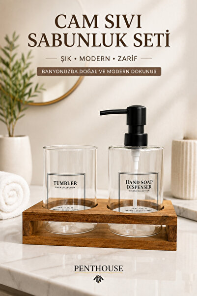 Penthouse Sara Glass Liquid Soap Dispenser Set with Wooden Stand Bathroom Org...