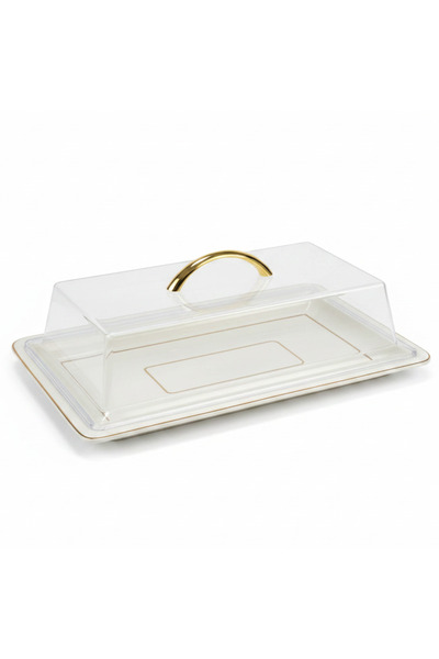AKDC Christian Verucci Rectangle Off-White Ceramic Flat Plate with Clear Acry...