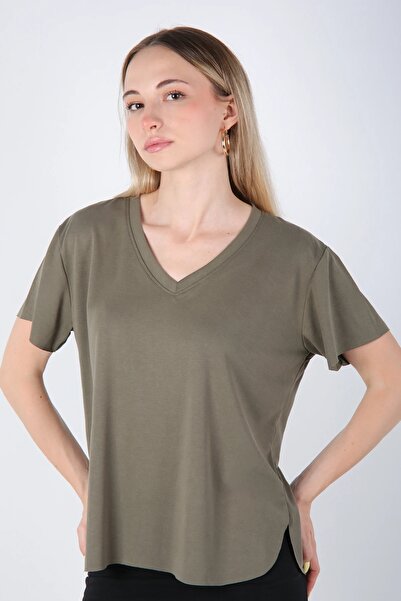 Veni Life Women's V-Neck Flowy Cotton T-Shirt with Side Slits